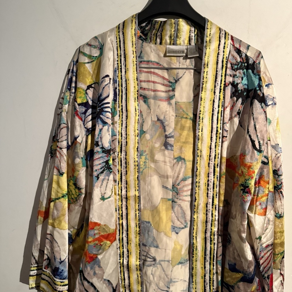 Chicos Size 3 Silk Blend Watercolor Print Floral Kimono Boho Artsy Festival - Picture 2 of 5